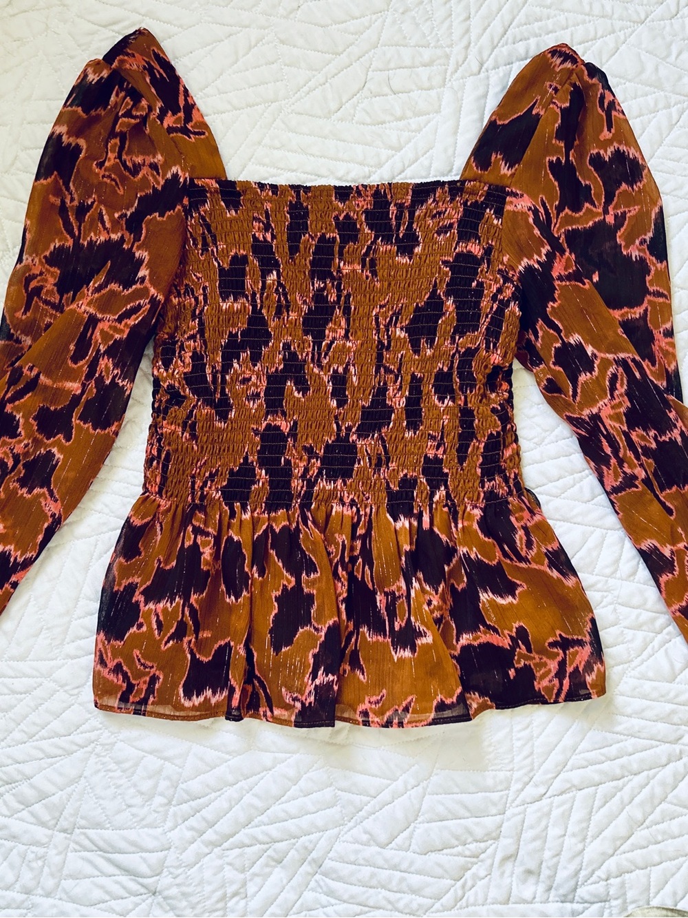 Nine West Smocked Square Neck Peplum Blouse